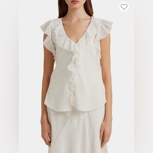 Lauren Ralph Lauren White Patchwork Tulle & Gauze Sleeveless Ruffle Blouse Sz L